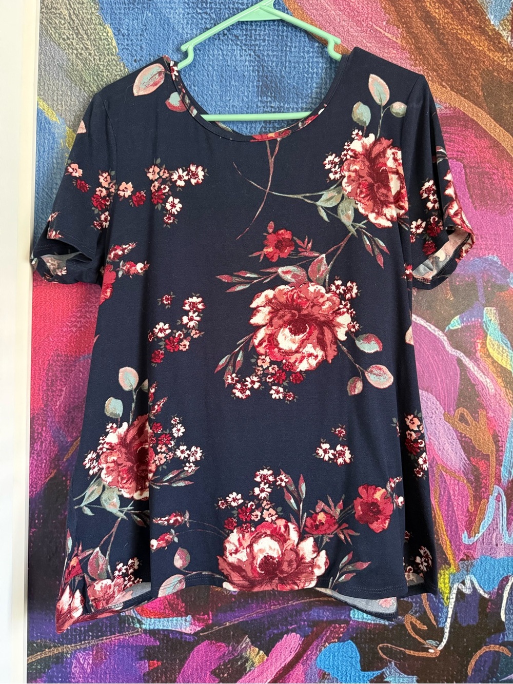 Day trip Navy Floral Short Sleeve Open Back Top - Navy with Pink Floral